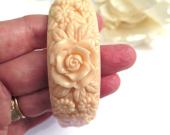 Wondeful Carved Celluloid Cream Bangle, Floral Bangle, c.1950s