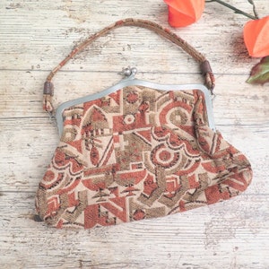 Vintage Art Deco Handbag, c.1930s. Olive Green, Beige, Terracotta, Cream Handbag, Abstract Pattern, Top Handle