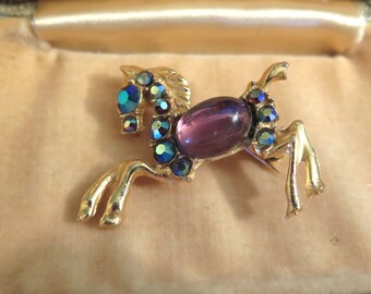 Vintage Jelly Belly Horse Brooch, Pony Brooch Brooch, Gold Plated with a Pale Purple Stone , Vintage Brooches, c.1960s. Ideal Gift for Her