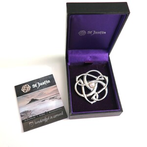 Vintage St Justin Celtic Pewter Brooch set with a Simulated Pearl, Cornish Knotwork Brooch in Original Box, Ideal Gift for Her, 1980s