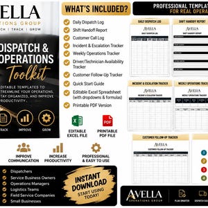 May include: The Avella Operations Group Dispatch & Operations Toolkit includes editable templates for a daily dispatch log, shift handoff report, customer call log, incident tracker, weekly operations tracker, availability tracker, and follow-up tracker.