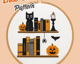 Spooky Halloween Bookshelf Cross Stitch Pattern — Black Cat, Pumpkins & Candle Haunted Library PDF