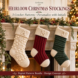 May include: Three crochet Christmas stockings featuring the text Artloom HEIRLOOM CHRISTMAS STOCKINGS 3 Crochet Patterns • Personalize with Initials. The stockings are cream with snowflake motifs, deep red with vertical ribs, and dark green with bobbles.