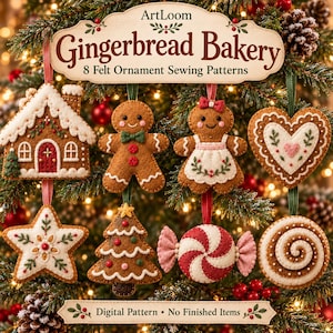 May include: Eight felt ornament sewing patterns titled ArtLoom Gingerbread Bakery. The set includes a gingerbread house, gingerbread person, gingerbread person with apron, heart, star, tree, peppermint candy, and swirl cookie ornaments.