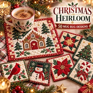 May include: A collection of quilted fabric mug rugs featuring Christmas themes including a gingerbread house, a cardinal, a snowman, a poinsettia, a candy cane, and a star pattern. The text reads Christmas Heirloom 50 Mug Rug Designs.