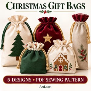 May include: Five fabric Christmas gift bags with drawstring closures. Designs include a beige bag with a green tree, a red velvet bag with a gold star, a small green bag, a beige bag with a gingerbread house, and a tall beige wine bag with holly.