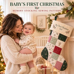 Patroon voor een kerstsok ter herinnering aan de eerste kerst van je baby (PDF), een gequilte patchwork-sok gemaakt van babykleertjes.