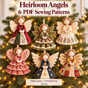 May include: Six fabric angel ornaments featuring Heirloom Angels 6 PDF Sewing Patterns text. Each angel has stitched wings, a round head, and a unique dress design in red, green, cream, pink, blue, and gold colors with floral patterns.