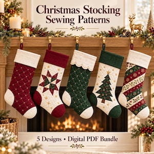 Paquete de patrones de costura para calcetines navideños acolchados, 5 diseños en formato PDF.