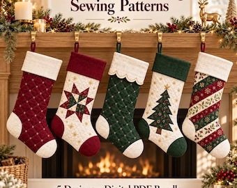 May include: Five Christmas stocking sewing patterns in a digital PDF bundle. The designs include a quilted red stocking, a white stocking with a star, a green quilted stocking with a scalloped cuff, a white stocking with a tree, and a striped stocking.