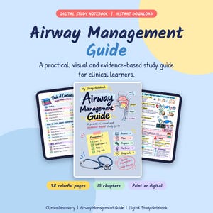 Può includere: Un quaderno di studio digitale intitolato Airway Management Guide che include un sommario, diagrammi anatomici della gola, un'illustrazione di uno stetoscopio e liste di controllo cliniche. 38 pagine a colori e 10 capitoli.