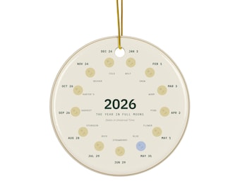 Ozdoba 2026, ozdoba świąteczna z pełnią księżyca, datowana pamiątka, prezent z fazą księżyca, niebiańska ceramiczna ozdoba