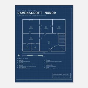 Haunted House Blueprint Poster, Spooky Halloween Wall Art Print, Gothic Decor, Dark Academia, Architect Floor Plan image 1