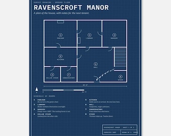 Plakat z planem nawiedzonego domu, upiorny wydruk ścienny z motywem Halloween, gotycki wystrój, mroczna akademia, plan piętra architektonicznego