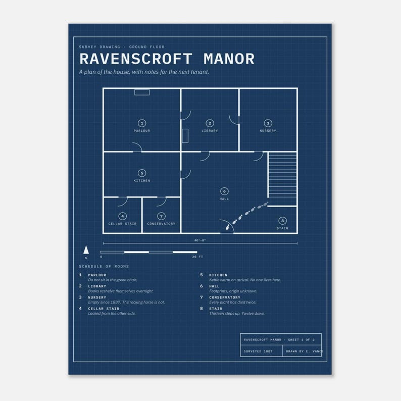 Haunted House Blueprint Poster, Spooky Halloween Wall Art Print, Gothic Decor, Dark Academia, Architect Floor Plan image 1