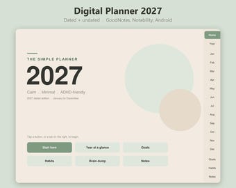 Digital Planner 2027 GoodNotes, Undated Digital Planner, ADHD Friendly Simple iPad Planner, Notability Android Hyperlinked Planner