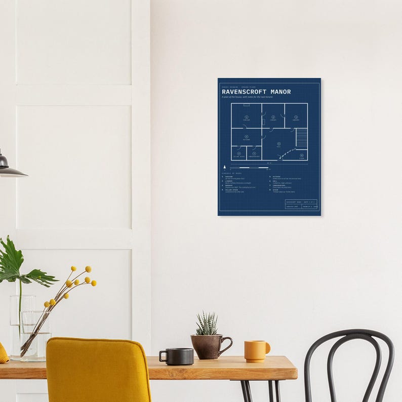 Haunted House Blueprint Poster, Spooky Halloween Wall Art Print, Gothic Decor, Dark Academia, Architect Floor Plan image 2