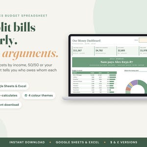 Puede incluir: Una hoja de cálculo de presupuesto para parejas en la pantalla de una computadora portátil, que muestra un panel financiero con datos, gráficos y tablas. El texto incluye Split bills fairly. No arguments. Google Sheets & Excel, Auto-calculates, 4 colour themes e Instant download.