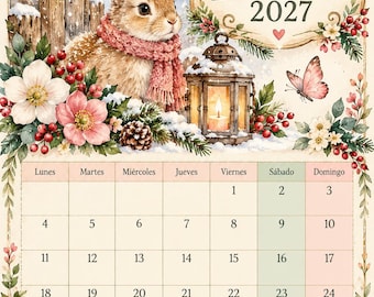Calendario 2027 Imprimible / Calendario Floral con Animalitos / PDF A4