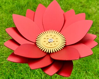 Small Lotus Flower - Red Flower Stem - Anodised Aluminium, Garden Art Sculpture