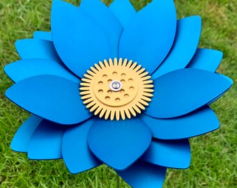 Large Lotus Flower - Light Blue Flower Stem - Anodised Aluminium, Garden Art Sculpture