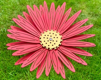 Michaelmus Daisy Sculpture – Red Anodized Aluminum Flower Stem, Garden Art