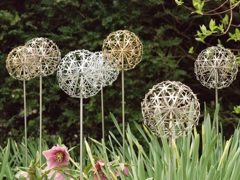 Silver Allium Flower Stem sculpture, interior sculpture, garden sculpture, garden art, garden stem, garden ornament, garden decoration image 8