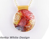 Round Polymer Clay Pendant in Faux Dichroic Style. Red and Yellow. Handcrafted Artisan Jewellery. SRAJD
