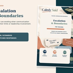May include: A digital resource titled Calmly Said Escalation & Boundaries for teachers, featuring 10 real scenarios and 30 matched responses. The document includes speech bubbles with sample phrases and a section for quick boundary phrases.