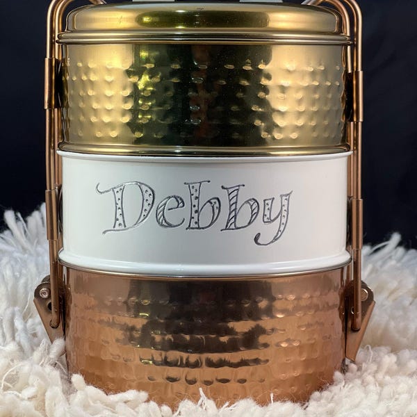Blank or Personalized Tiffin Bento Box Stainless Steel Restaurant Leftovers or Lunch Box - A Beautiful Eco-Friendly Gift! Copper Brass White