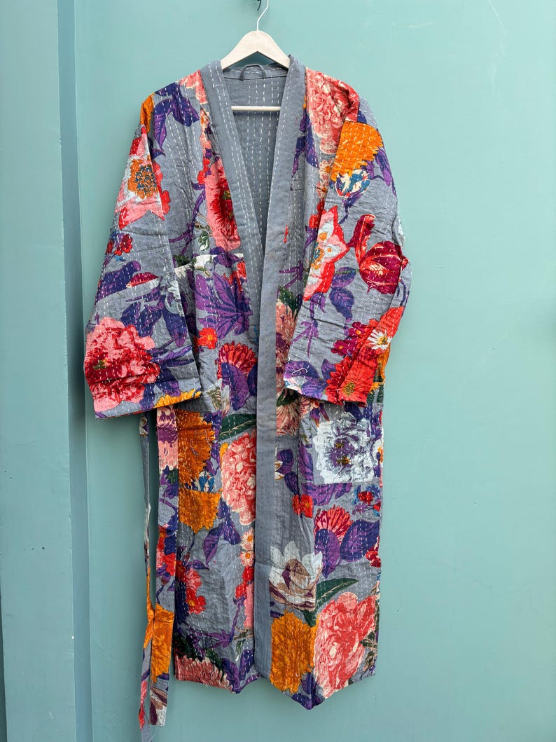 Handmade Floral Kantha Kimono Robe, Bohemian Quilted Cotton Cardigan - Etsy