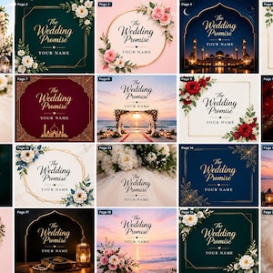 May include: A collection of twenty digital wedding invitation templates featuring various designs including floral borders, sunset beach scenes, mosque silhouettes, and elegant gold frames, all displaying the text The Wedding Promise and Your Name.
