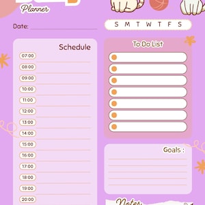May include: A light purple daily planner sheet featuring the text Daily Planner, a schedule section from 07:00 to 22:00, a To Do List with eight checkboxes, a Goals section, and a Notes section, decorated with illustrations of three cartoon cats.