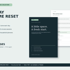 May include: A 12-page A4 PDF digital download titled 7-Day Home Reset. The dark charcoal cover features the text A little space. A fresh start. and lists three daily goals. A second page shows The arrival zone with lines for written notes.
