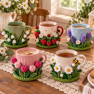 Puede incluir: Cinco tazas de cerámica con fundas de ganchillo con motivos botánicos y frutales. Los diseños incluyen lirios de los valles, fresas, jacintos morados, tulipanes rosas y margaritas con una pequeña abeja, sobre bases de ganchillo a juego.