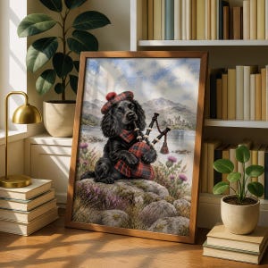 Könnte beinhalten: Ein gerahmter Kunstdruck, der einen schwarzen Spaniel mit einer rot-blau karierten Schottenmütze und einem Schal zeigt, der Dudelsack spielt. Der Hund sitzt auf einer felsigen Landschaft mit violetten Disteln, einem See und einer Burg.