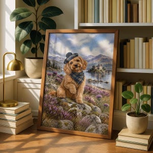 Puede incluir: Una impresión artística enmarcada que muestra a un perro de pelaje rizado color marrón dorado con una boina y bufanda de tartán azul y verde, sentado en una colina rocosa con brezo púrpura, con vistas a un lago y un castillo a lo lejos.