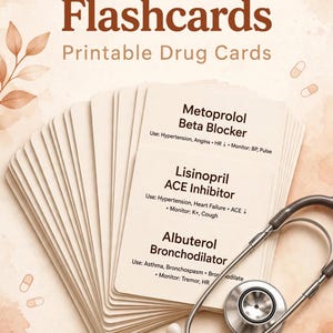 May include: A set of Pharmacology Flashcards Printable Drug Cards with a stethoscope. The cards display medical information for Metoprolol, Lisinopril, and Albuterol. The text at the bottom reads 28 Cards, Instant Download, PDF, 2026.