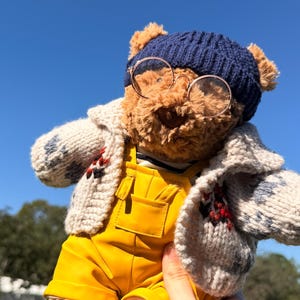 Op de afbeelding: Een bruine pluche teddybeer met een donkerblauwe gebreide muts, een ronde bril met metalen montuur, een gele tuinbroek en een grof gebreid crèmekleurig vest met een subtiel rood en blauw patroon op de mouwen.