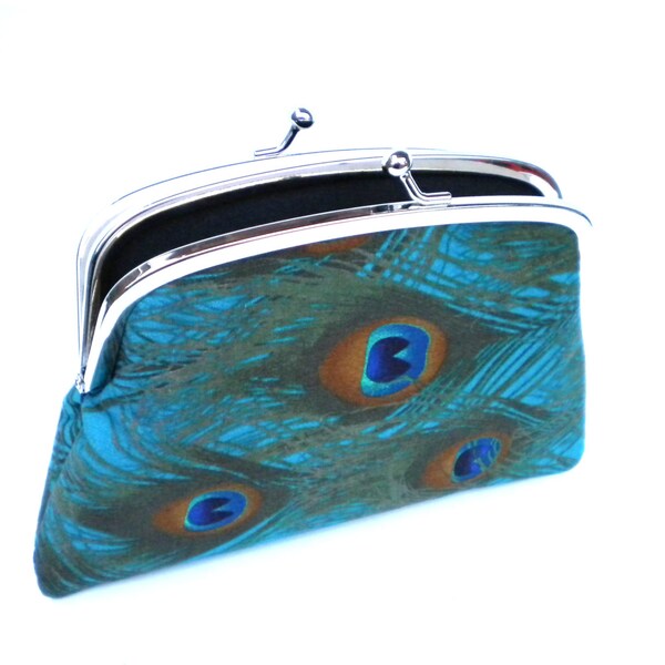 Beautiful Peacock feather teal frame wallet with kiss clasp and 2 compartments- black interior