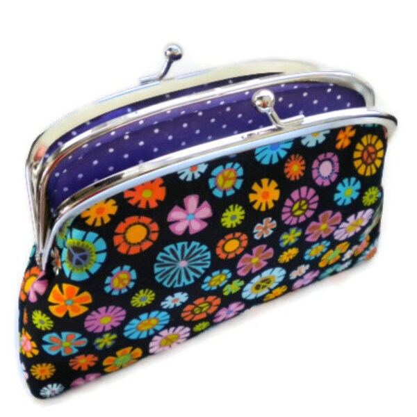 Black Kiss lock frame coin purse with bright multi coloured flowers and purple polka dots - two compartments