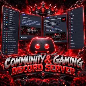 May include: A digital graphic featuring a central Discord logo icon with glowing red eyes, surrounded by three floating interface panels displaying server stats, support tickets, and welcome messages. The text reads COMMUNITY & GAMING DISCORD SERVER.