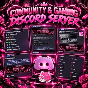 Pode incluir: Um gráfico digital com o texto Community & Gaming Discord Server em néon rosa brilhante. O layout inclui cinco painéis exibindo estatísticas do servidor, passos de verificação, mensagens de boas-vindas, tickets e funções.