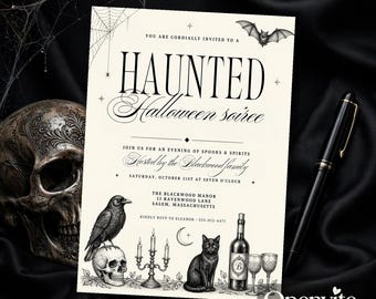 Vintage-Halloween-Einladungsvorlage, Einladung zur Gothic-Halloween-Party, bearbeitbare und druckbare Halloween-Einladung für Erwachsene, Sofort-Download