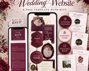 Vorlage für eine Hochzeitswebsite in Rot mit RSVP-Funktion, Countdown, burgunderrotem Spitzenumschlag, Ölgemälde-Stil und Liebesgeschichte