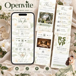 Op de afbeelding: Een digitale trouwuitnodigingssjabloon weergegeven op een smartphonescherm en vier verticale panelen, met een bloemrijk aquarelontwerp, trouwdetails voor Emma en Lucas, een afteltimer, een RSVP-formulier en een evenementenschema met iconen.