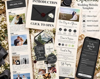 Schwarze Hochzeitswebsite-Vorlage mit RSVP-Funktion, Countdown, Bergmotiv, schwarzem Umschlag und elfenbeingrüner Blumeneinladung