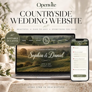 Op de afbeelding: Een digitaal sjabloon voor een bruiloftswebsite in landelijke stijl, weergegeven op een laptop en smartphone. Het scherm toont de tekst Openvite, Countryside Wedding Website, Editable in Canva, en de namen Sophia & Daniel met de datum 14 juni 2025.
