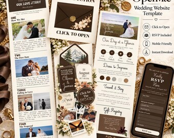 Vorlage für eine braune Hochzeitswebsite mit RSVP-Funktion, Countdown, espressobraunen und elfenbeinfarbenen Blumen und einem Umschlag mit goldenem Wachssiegel