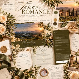 Op de afbeelding: Een trouwwebsite-sjabloon getiteld Tuscan Romance met een landschapsfoto van een villa in Toscane, een afteltimer, RSVP-formulier, trouwtijdlijn en detailssectie, versierd met cr&egrave;mekleurige rozen, olijftakken en gouden ringen.